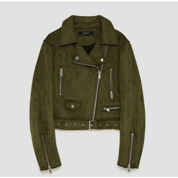 ZARA Outwear Olive Green Faux Suede Belted Moto Biker Jacket Women's Size XS - Picture 10 of 11